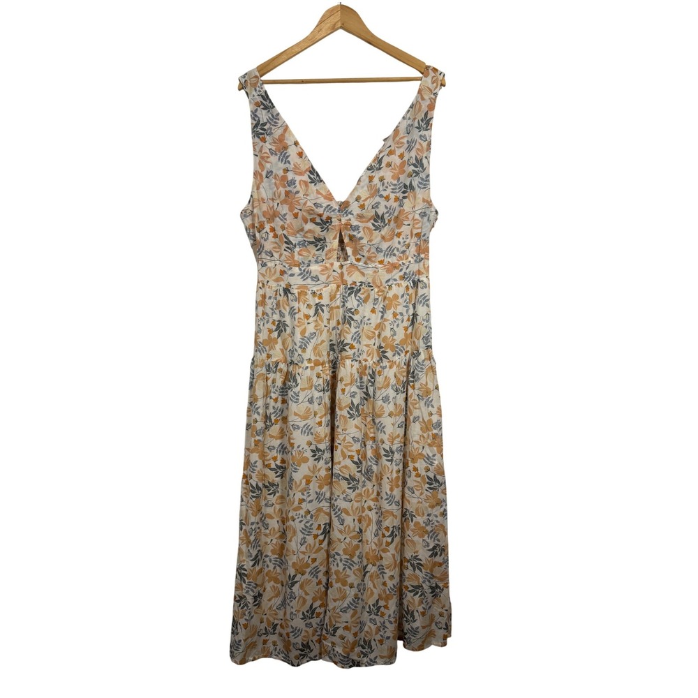 Cottagecore Joie Women 14 Midi Dress Yellow Grey Floral Cotton Smocked Pockets
